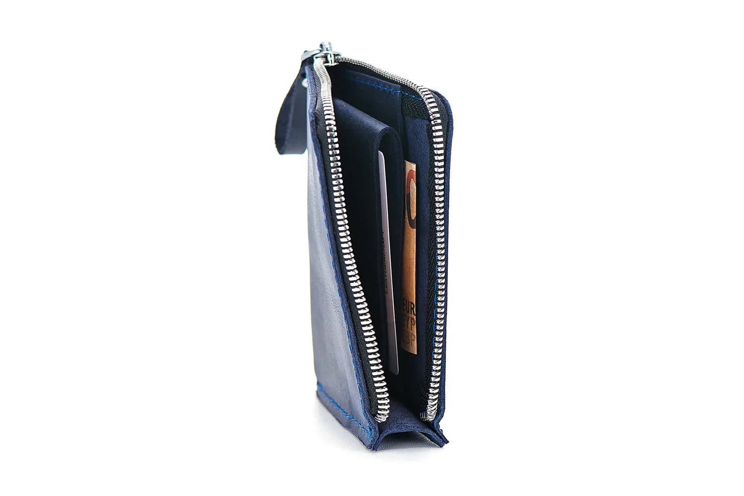 Compact Distressed Leather Wallet with Zipper