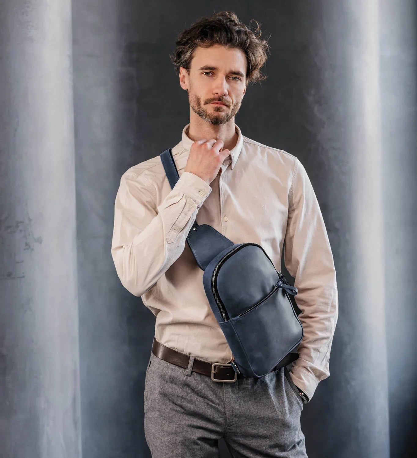 Matte Waxed Leather Sling Bag – Slim Crossbody & Semi-Backpack