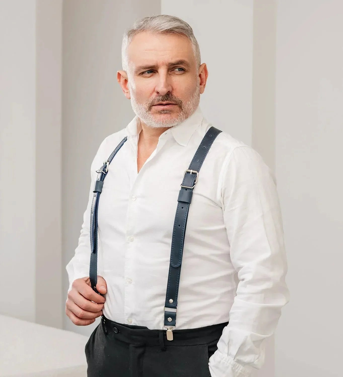Waxed Matte Leather Suspenders for Men with Buckles