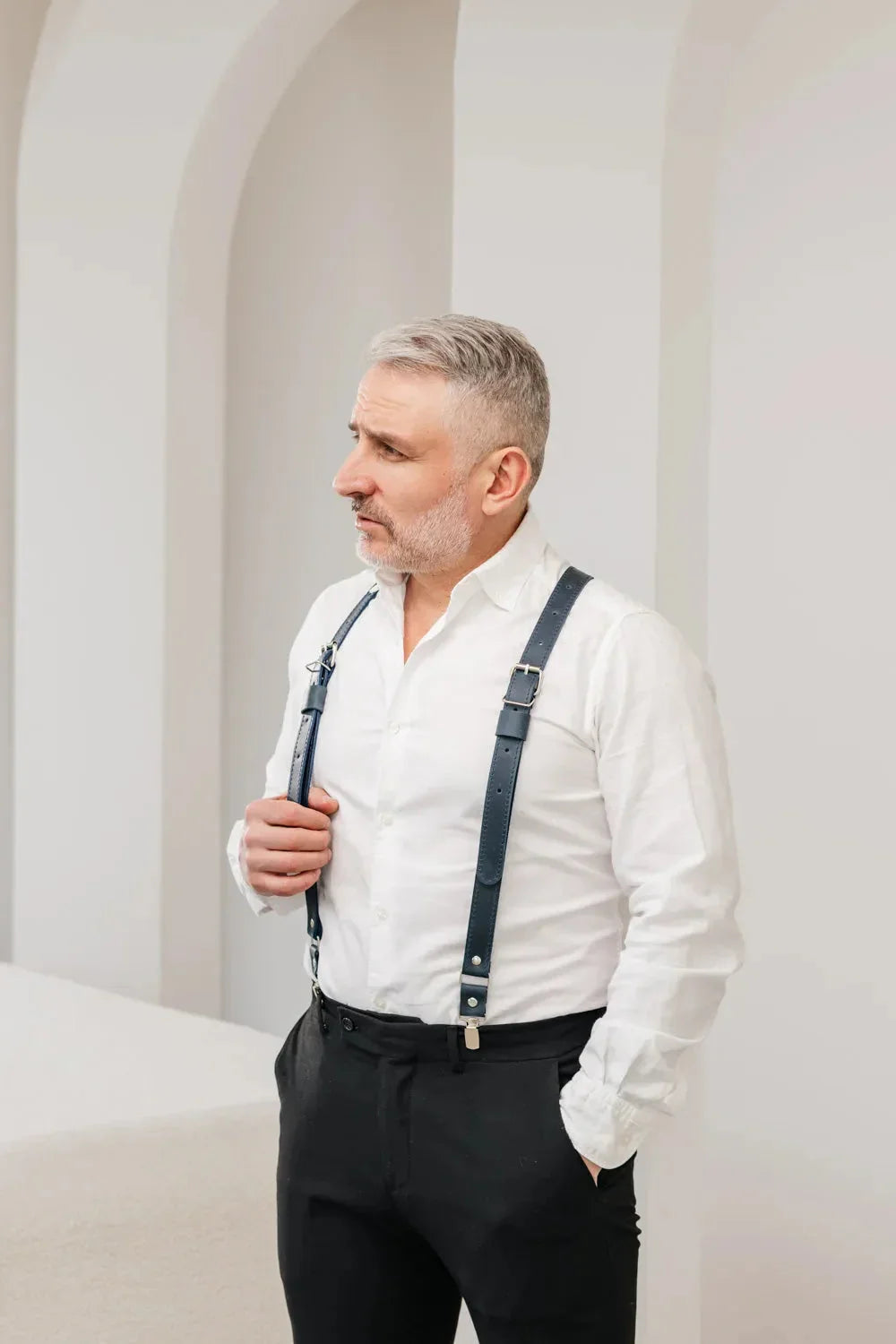 Waxed Matte Leather Suspenders for Men with Buckles