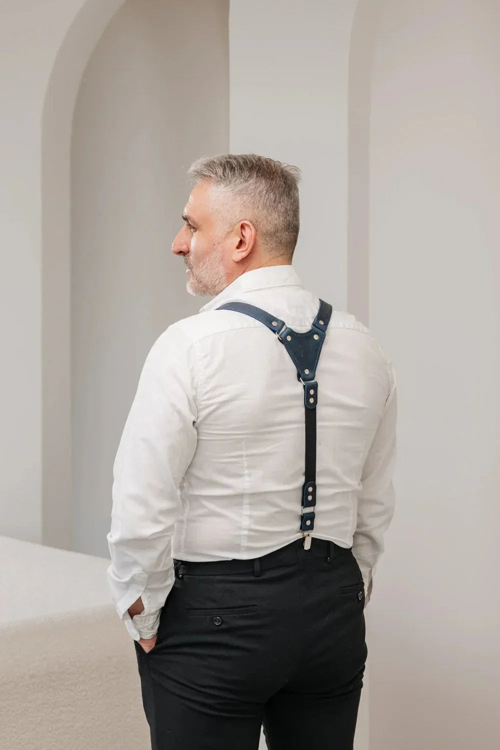 Waxed Matte Leather Suspenders for Men with Buckles