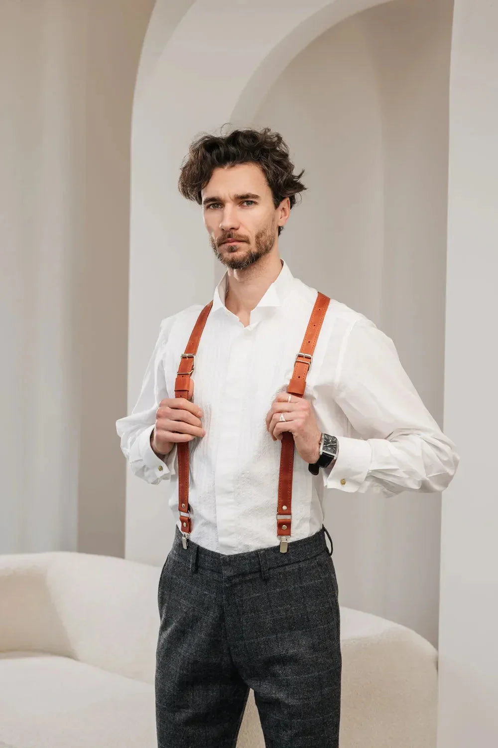 Waxed Matte Leather Suspenders for Men with Buckles