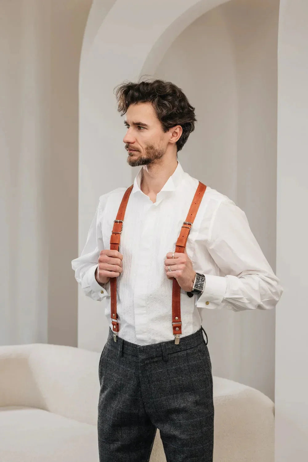 Waxed Matte Leather Suspenders for Men with Buckles