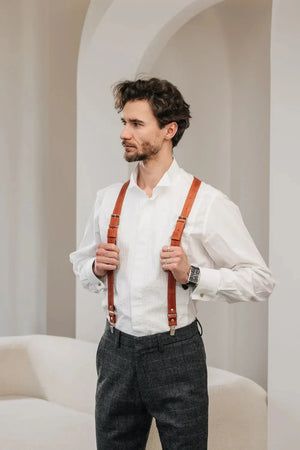 Waxed Matte Leather Suspenders for Men with Buckles