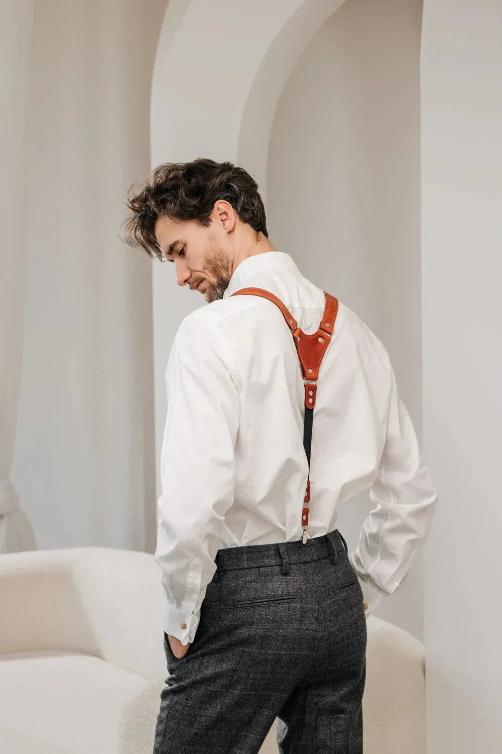 Waxed Matte Leather Suspenders for Men with Buckles