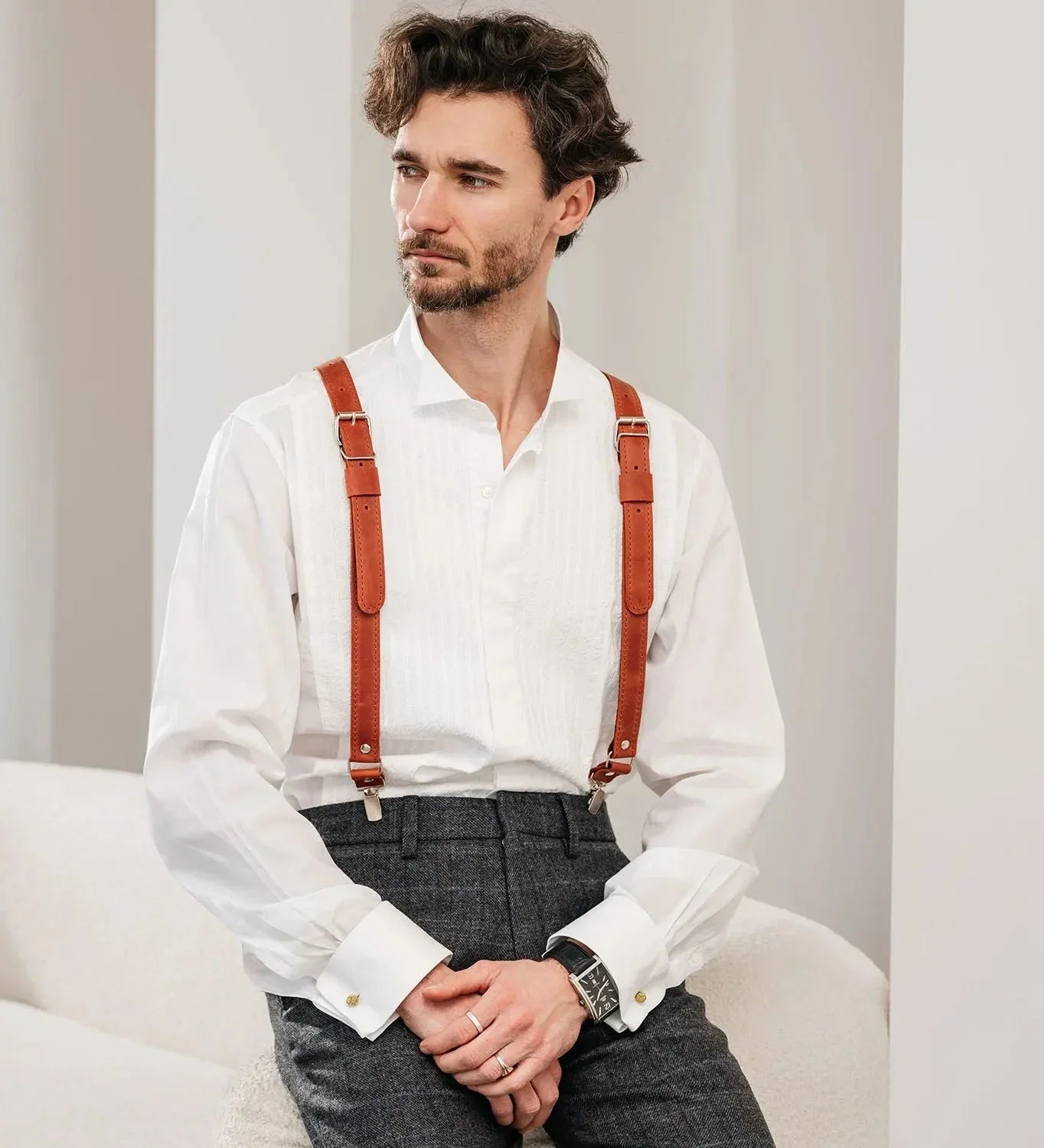 Waxed Matte Leather Suspenders for Men with Buckles
