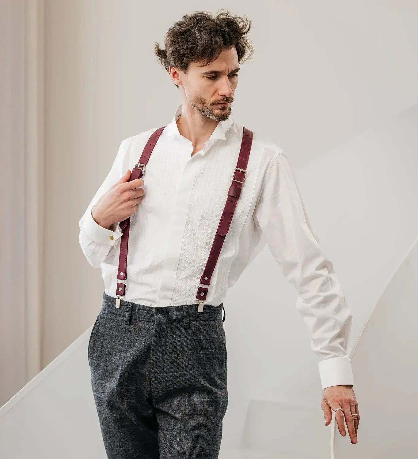 Waxed Matte Leather Suspenders for Men with Buckles