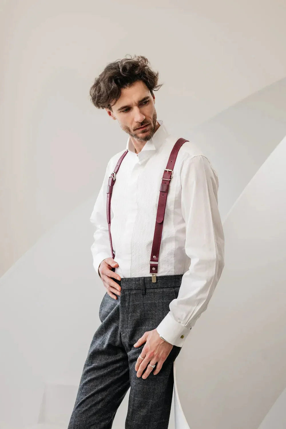 Waxed Matte Leather Suspenders for Men with Buckles