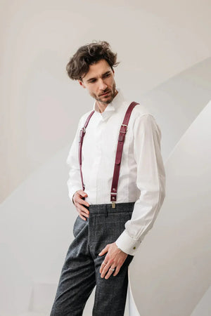 Waxed Matte Leather Suspenders for Men with Buckles