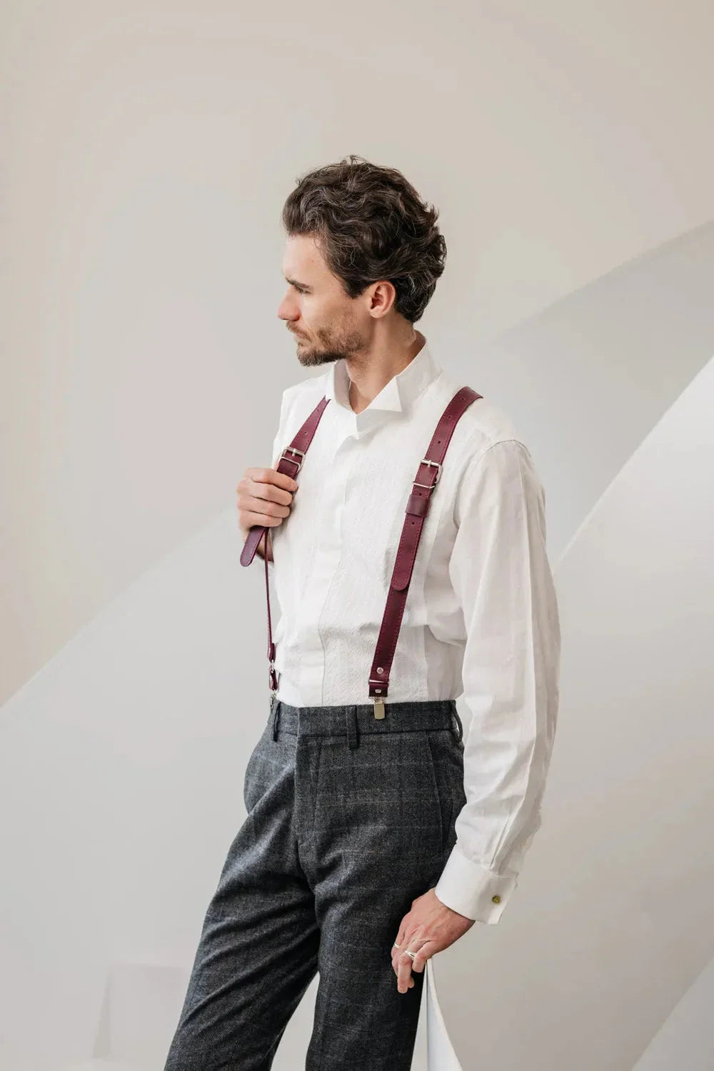 Waxed Matte Leather Suspenders for Men with Buckles
