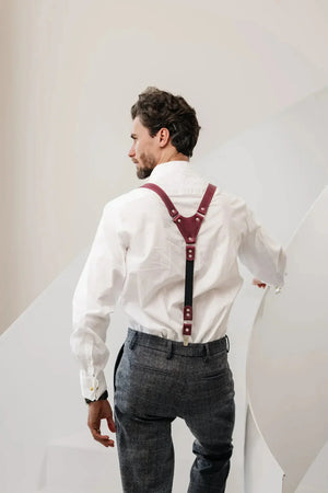 Waxed Matte Leather Suspenders for Men with Buckles