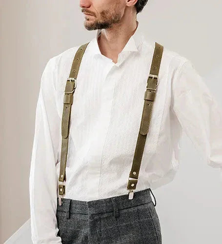Waxed Matte Leather Suspenders for Men with Buckles
