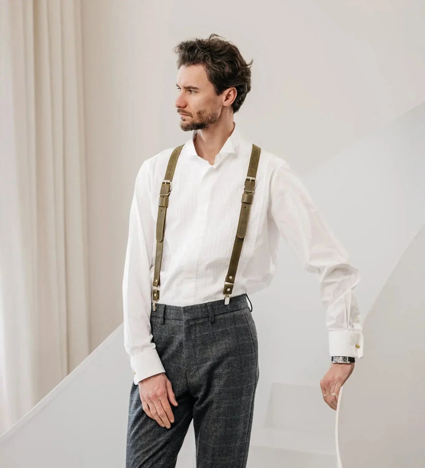 Waxed Matte Leather Suspenders for Men with Buckles