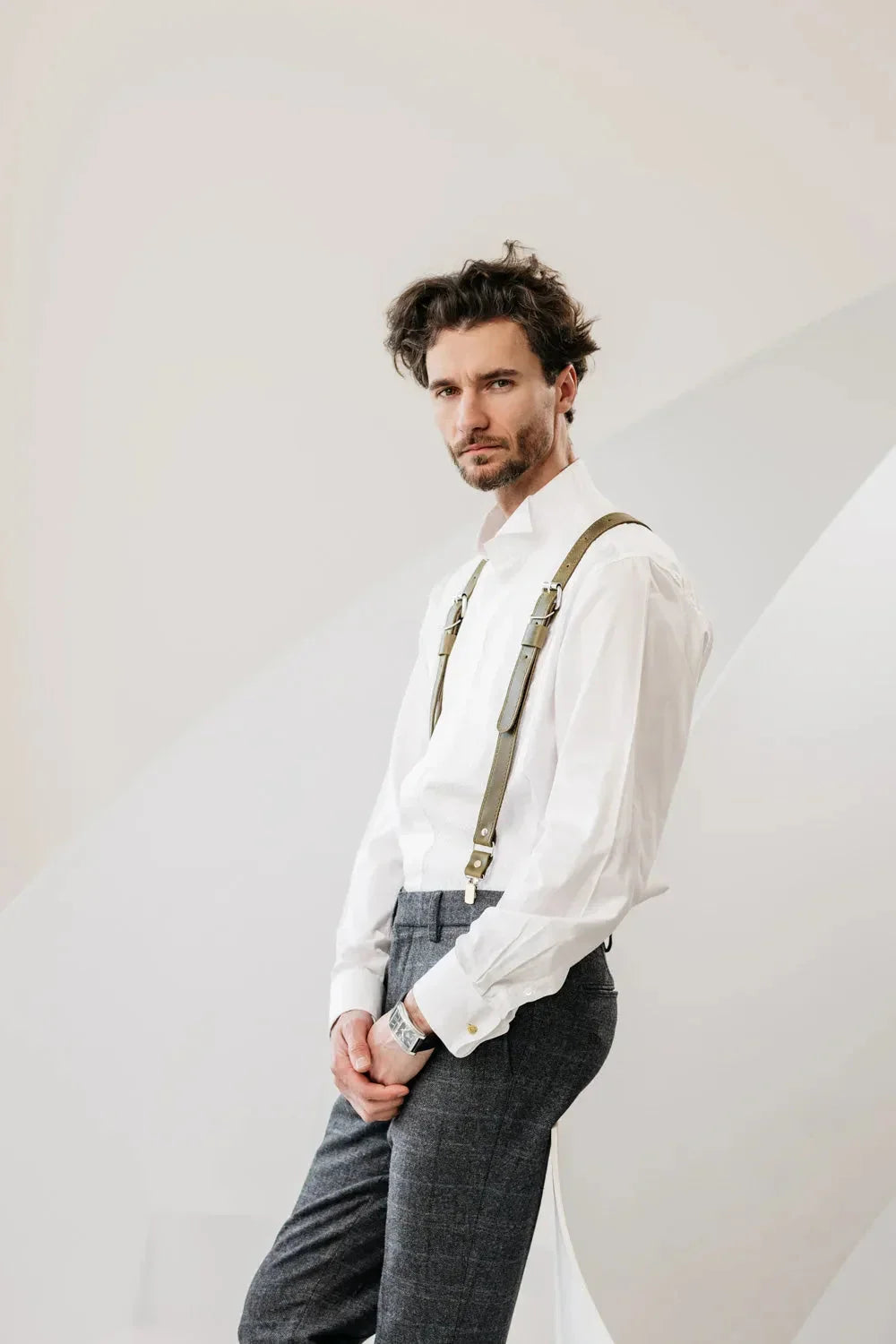 Waxed Matte Leather Suspenders for Men with Buckles