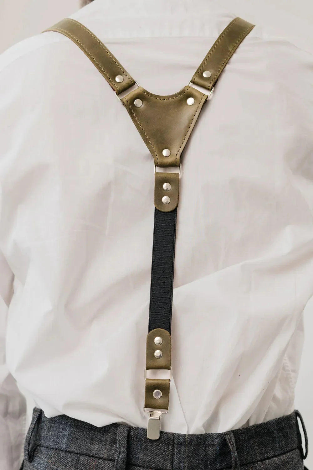 Waxed Matte Leather Suspenders for Men with Buckles