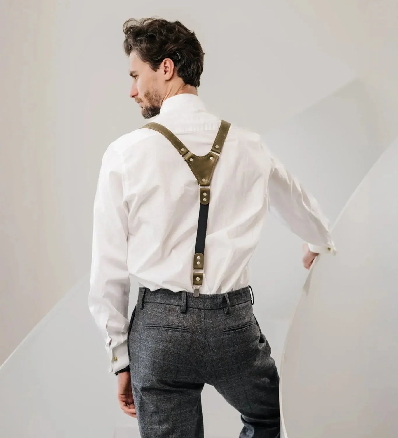 Waxed Matte Leather Suspenders for Men with Buckles