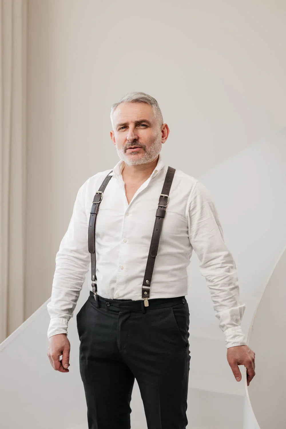 Waxed Matte Leather Suspenders for Men with Buckles