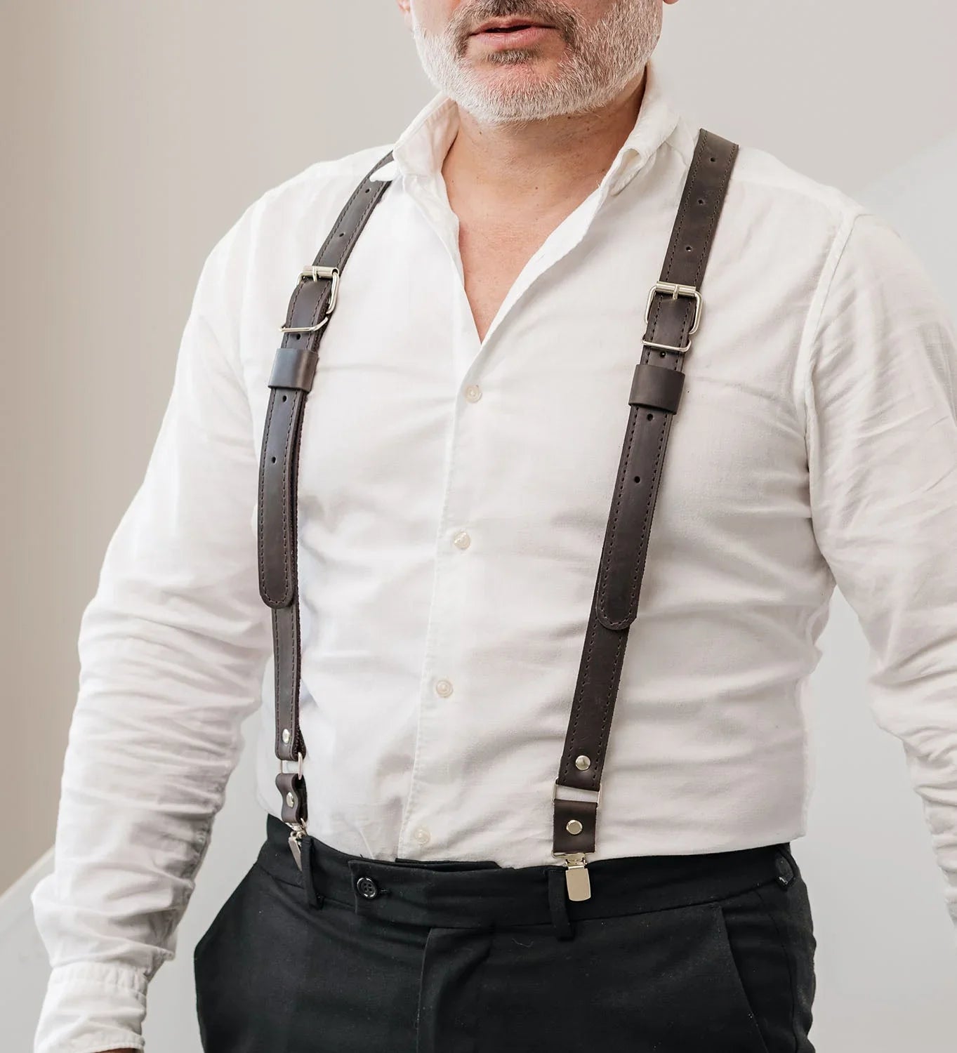 Waxed Matte Leather Suspenders for Men with Buckles