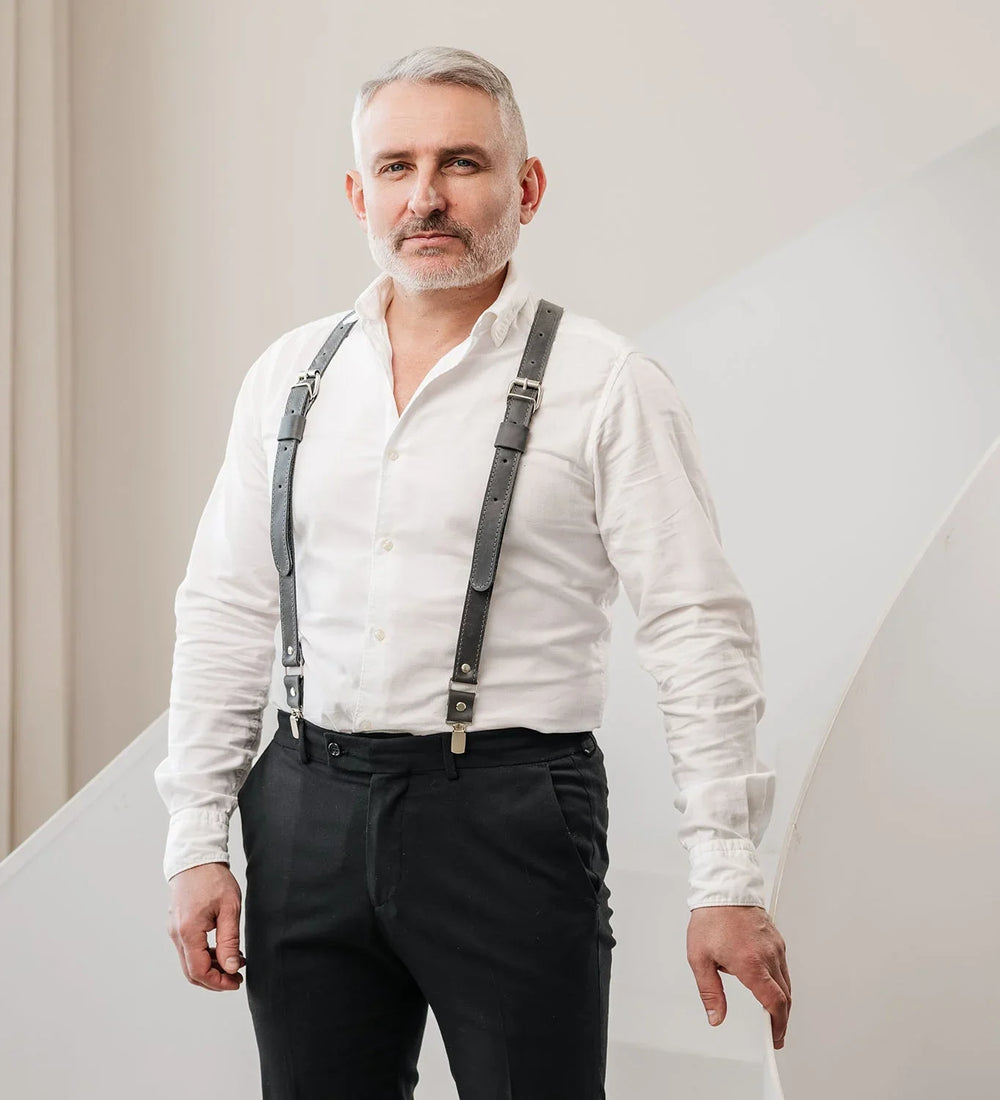 Waxed Matte Leather Suspenders for Men with Buckles