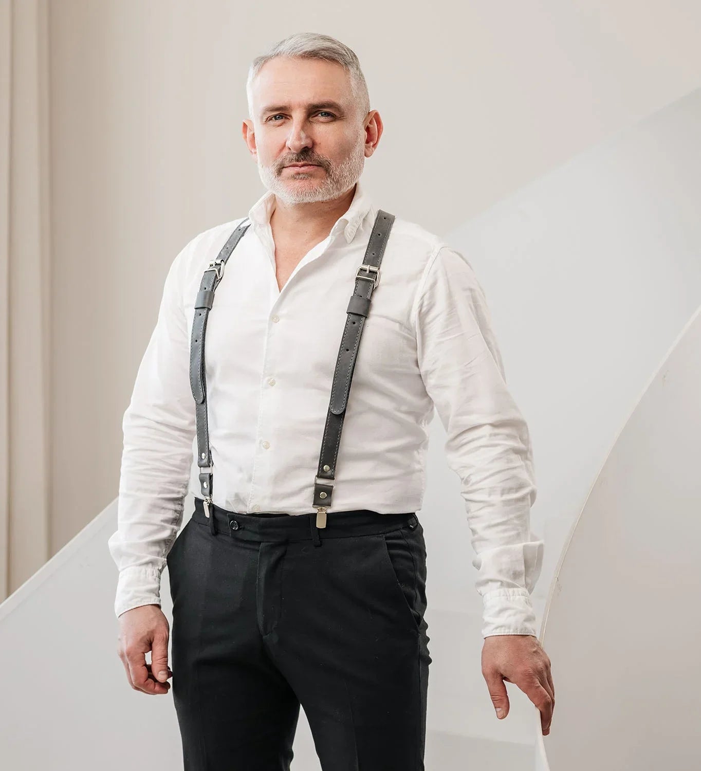 Waxed Matte Leather Suspenders for Men with Buckles