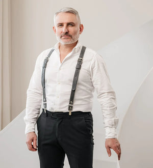Waxed Matte Leather Suspenders for Men with Buckles