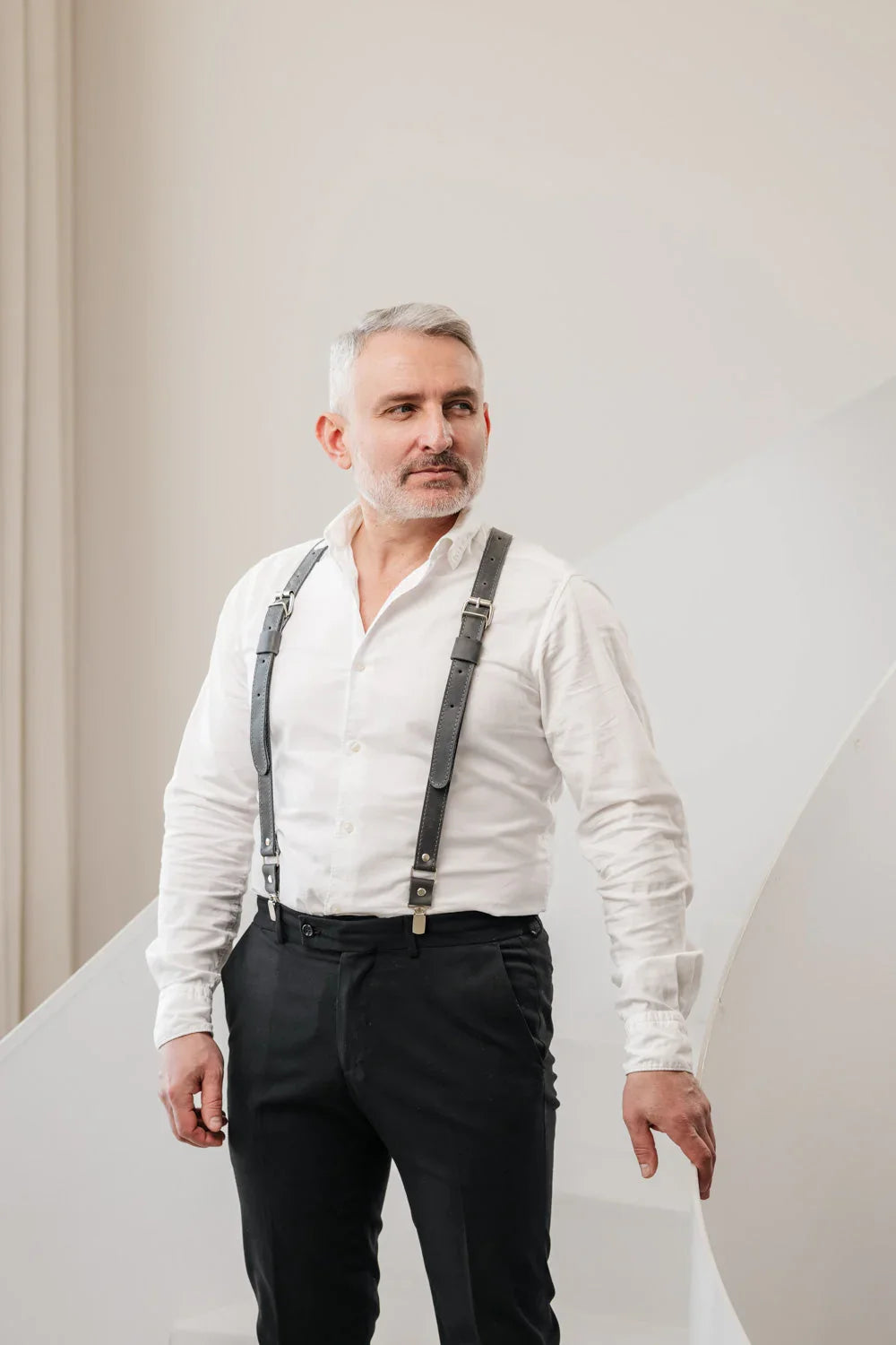Waxed Matte Leather Suspenders for Men with Buckles