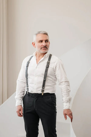 Waxed Matte Leather Suspenders for Men with Buckles