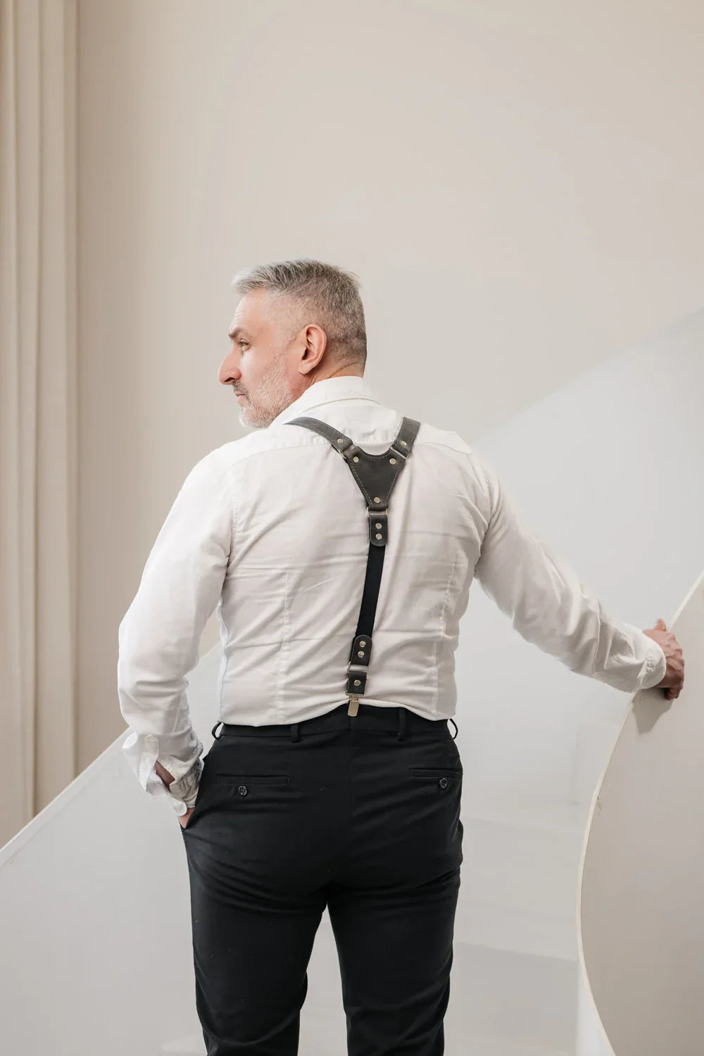 Waxed Matte Leather Suspenders for Men with Buckles