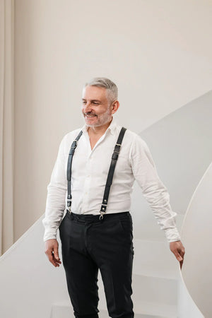 Waxed Matte Leather Suspenders for Men with Buckles