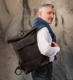 Matte Leather Roll Top Backpack