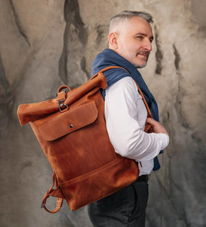 Matte Leather Roll Top Backpack