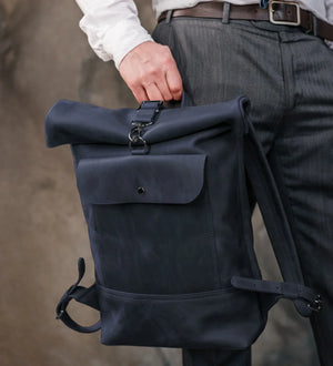 Matte Leather Roll Top Backpack
