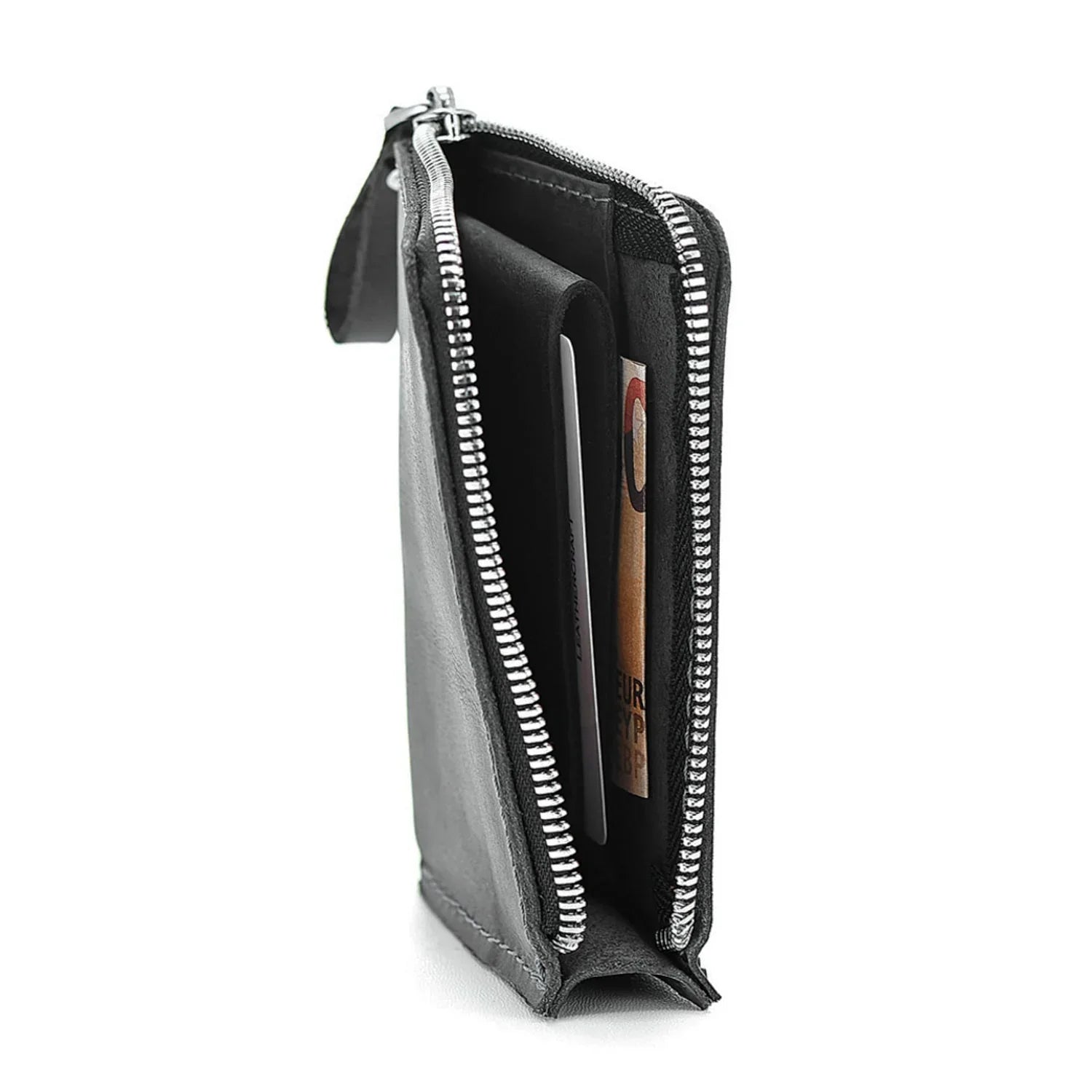 Compact Distressed Leather Wallet with Zipper