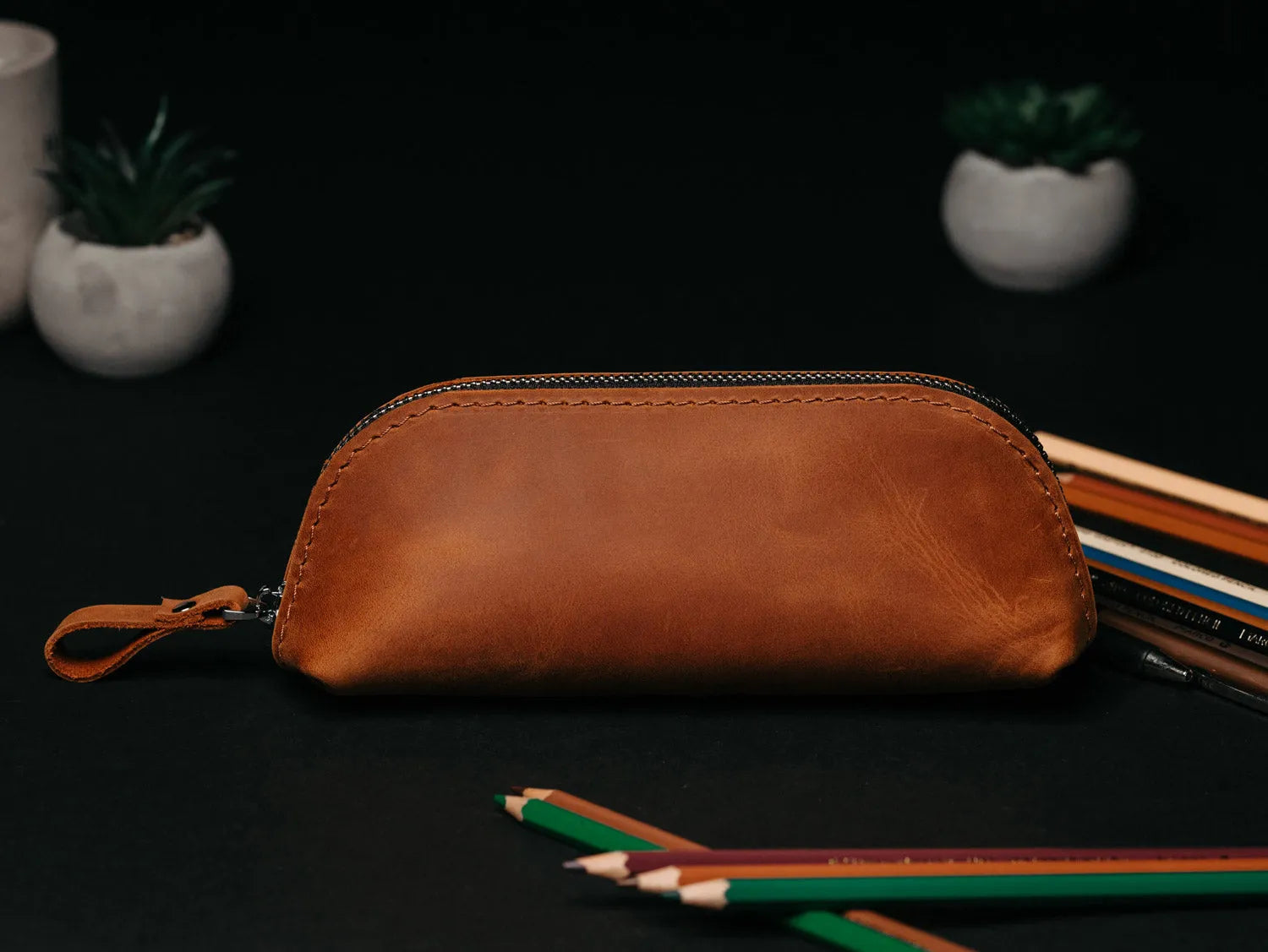Zippered Leather Pencil Case | Matte Cognac - Wenderfarer