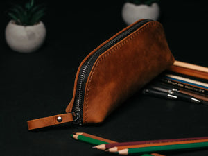 Zippered Leather Pencil Case | Matte Cognac - Wenderfarer