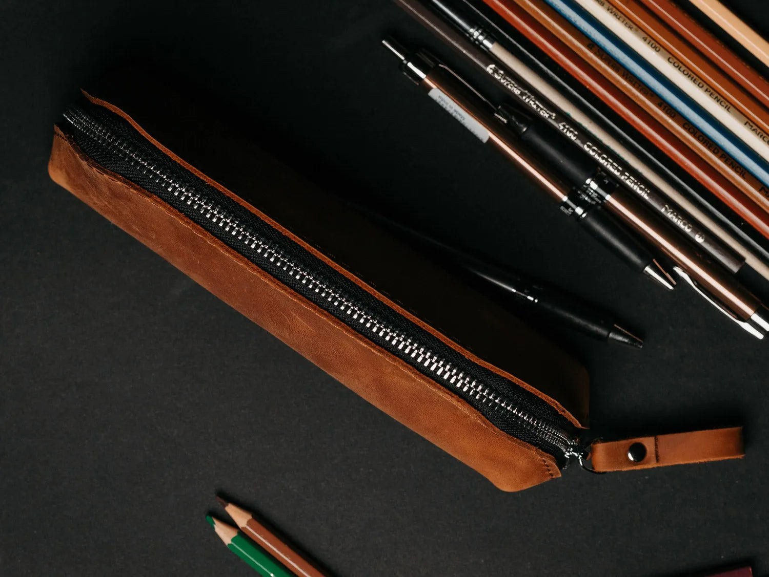 Zippered Leather Pencil Case | Matte Cognac - Wenderfarer