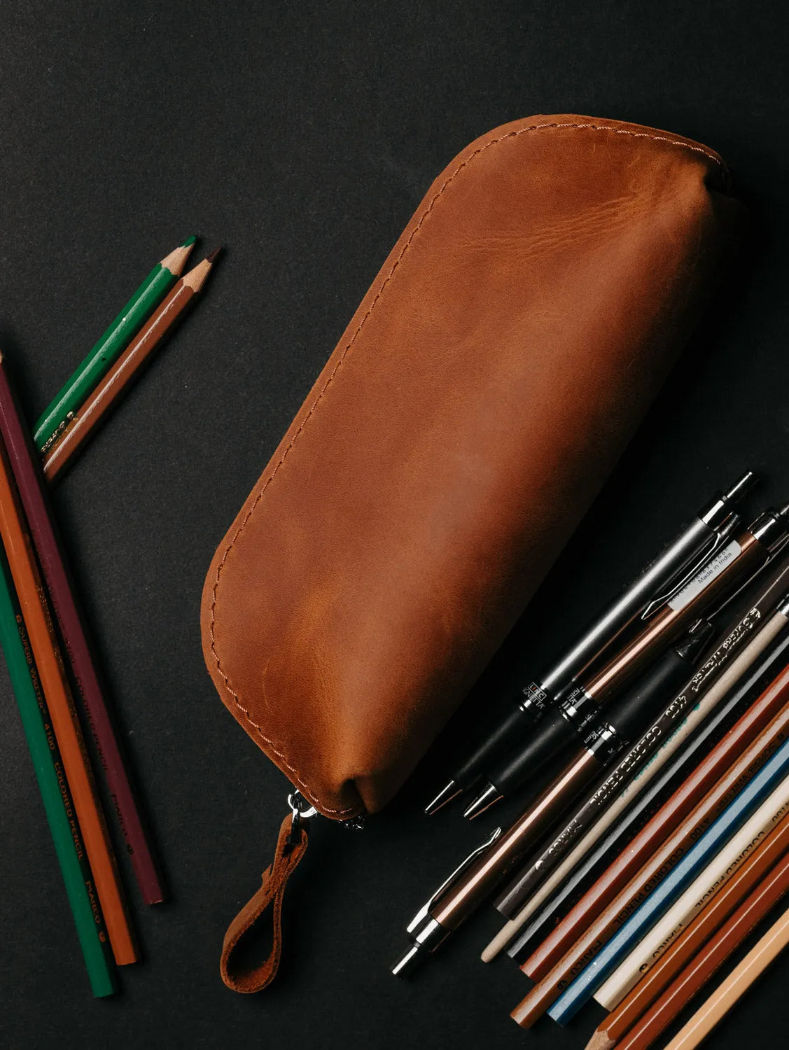 Zippered Leather Pencil Case | Matte Cognac - Wenderfarer