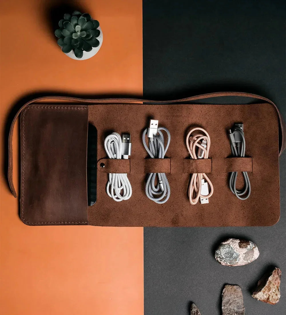 Waxed Leather Roll-Up Organizer – Cables & Tools Wrap