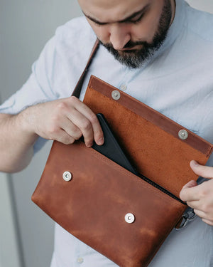 Matte Waxed Leather Unisex Crossbody Bag - Convertible to Waist bag, Clutch