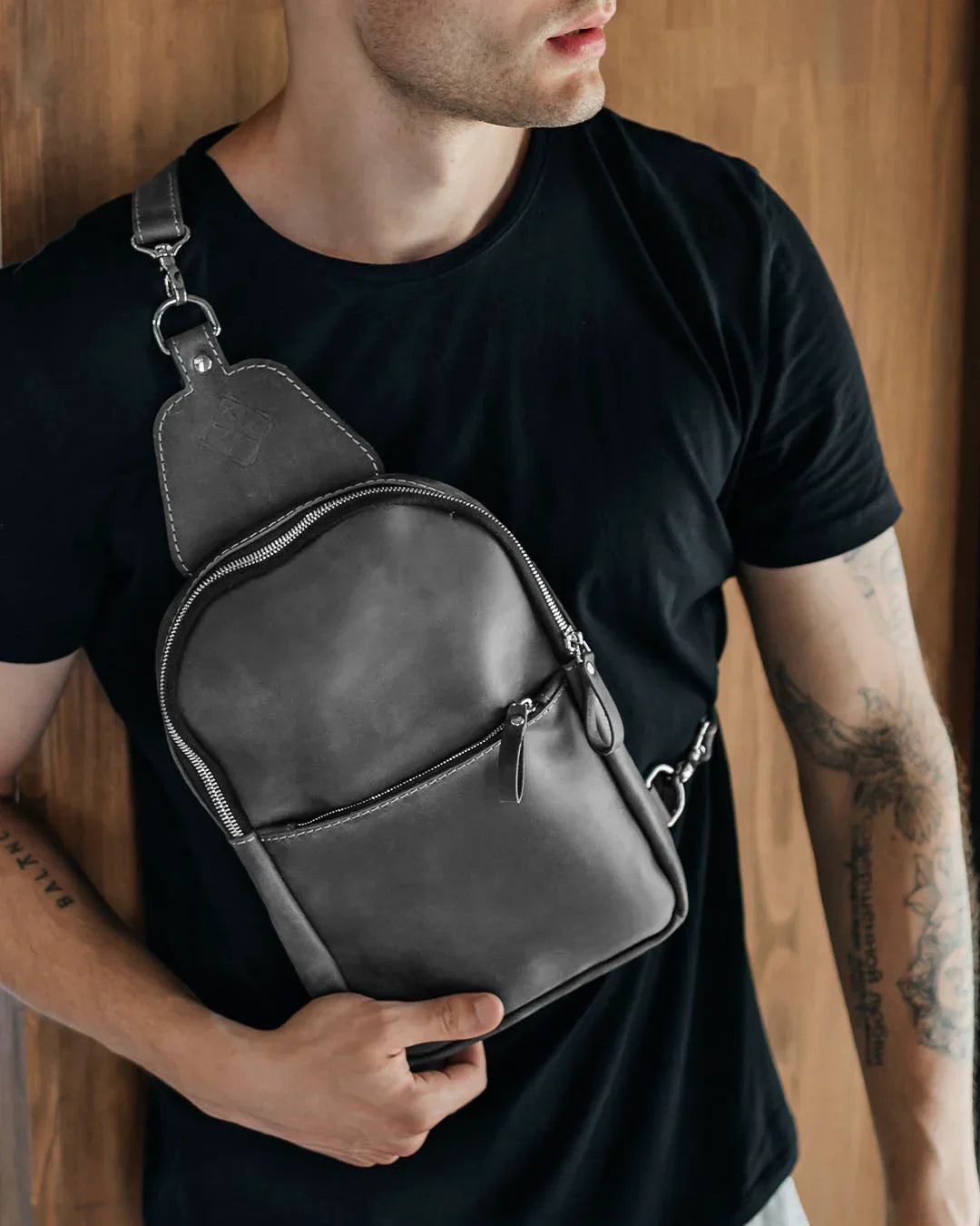 Matte Waxed Leather Sling Bag – Slim Crossbody & Semi-Backpack