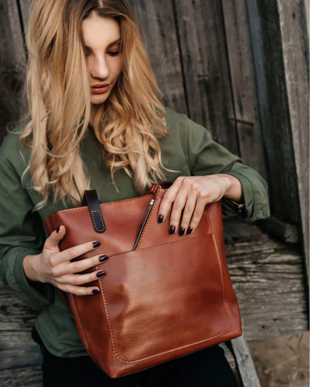 Everyday Smooth Leather Tote Bag with Pouch Inside